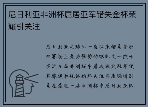 尼日利亚非洲杯屈居亚军错失金杯荣耀引关注
